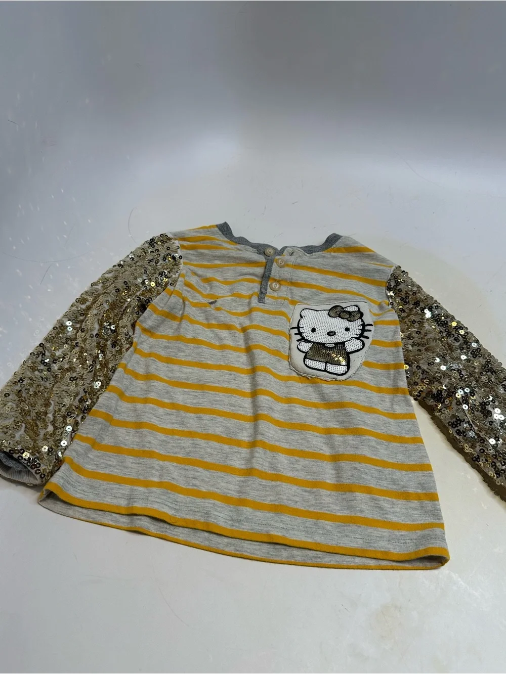 Old Navy Yellow & Gray Striped Hello Kitty Sequin Sleeve Top